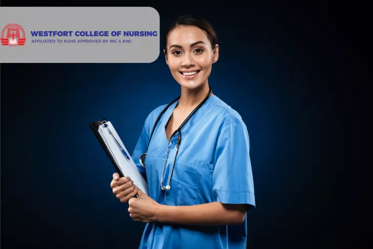 Nurse in a blue scrub wearing a stethoscope and holding a clipboard